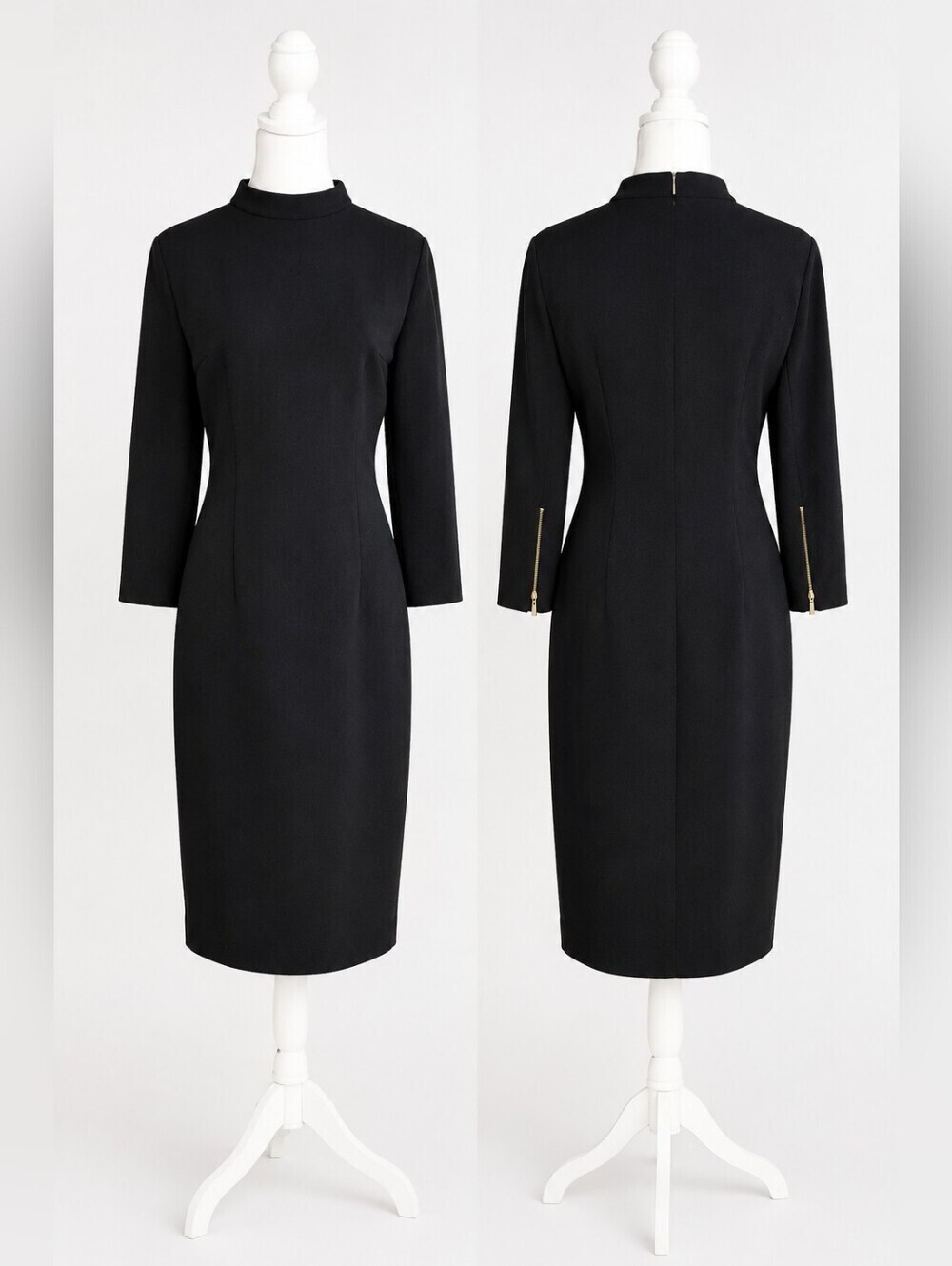 Hugo Boss Dadena Sheath Black Dress Mock Neck Gold Zip Sleeve Women Size Medium